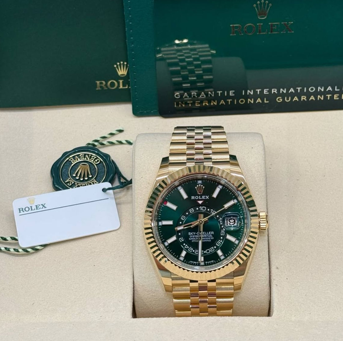 Rolex Sky-Dweller Yellow Gold 42mm Bright Green Dial Fluted Bezel Jubilee Bracelet - 336938 - 2025