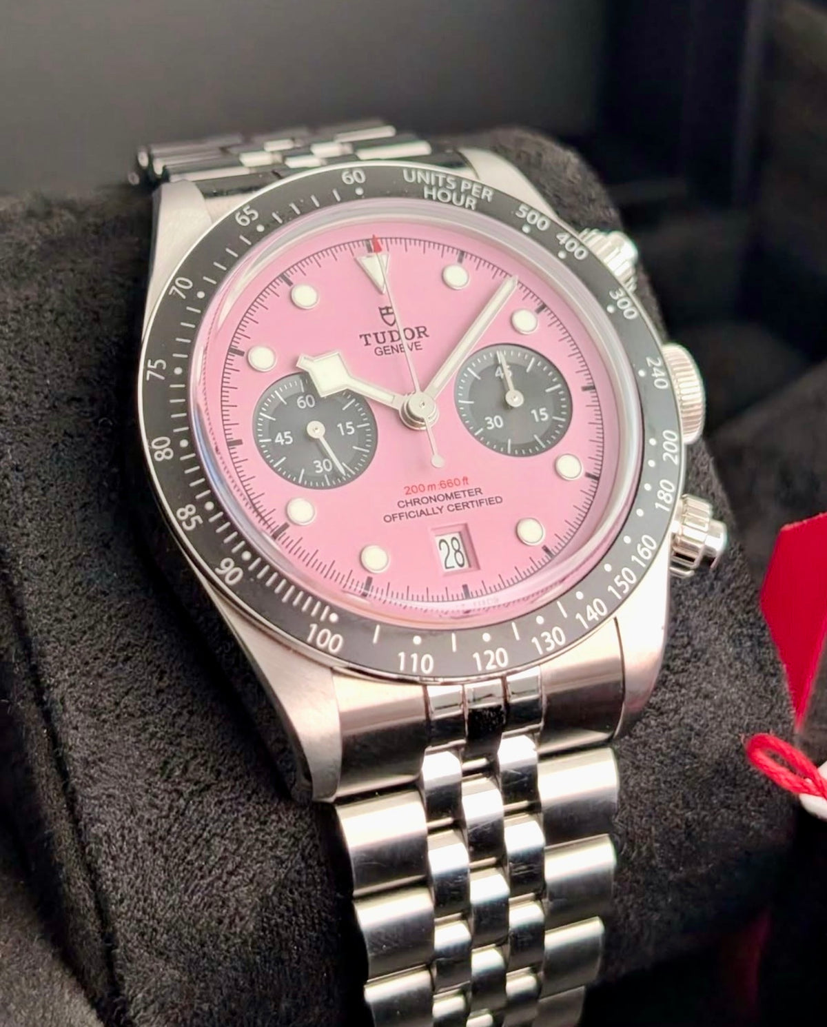 Tudor Black Bay Chrono Pink M79360N-0019 front view with pink dial and black counters