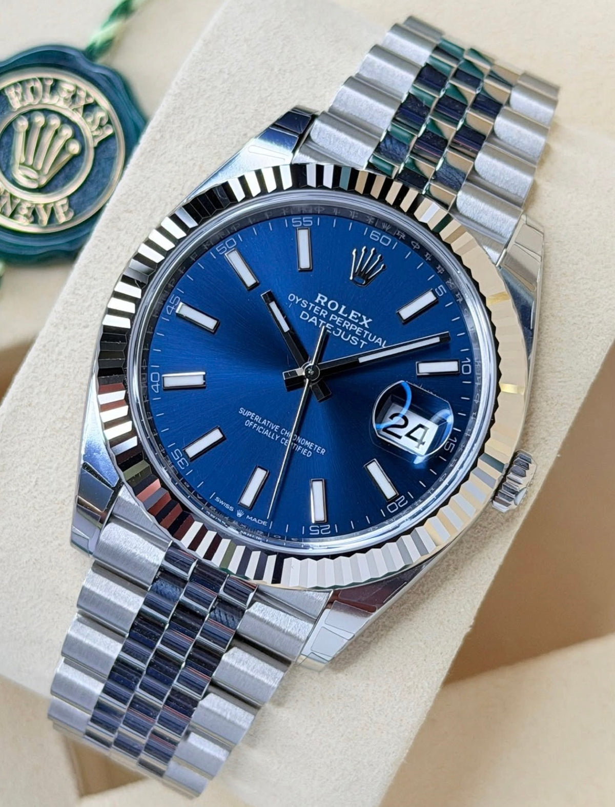 Rolex Datejust 41 Blue Index Dial Jubilee 126334, angled front view with blue index dial and Jubilee bracelet