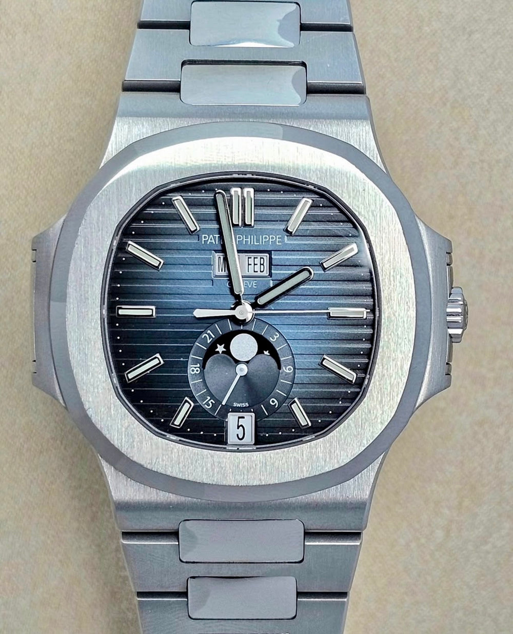 Patek Philippe Nautilus 5726 slash 1A-014 Annual Calendar in steel with blue-gray dial