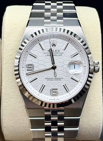 Rolex Land-Dweller 40 White Gold Oystersteel Intense White Honeycomb Motif Dial Fluted Bezel Flat Jubilee Bracelet 127334 - 2025