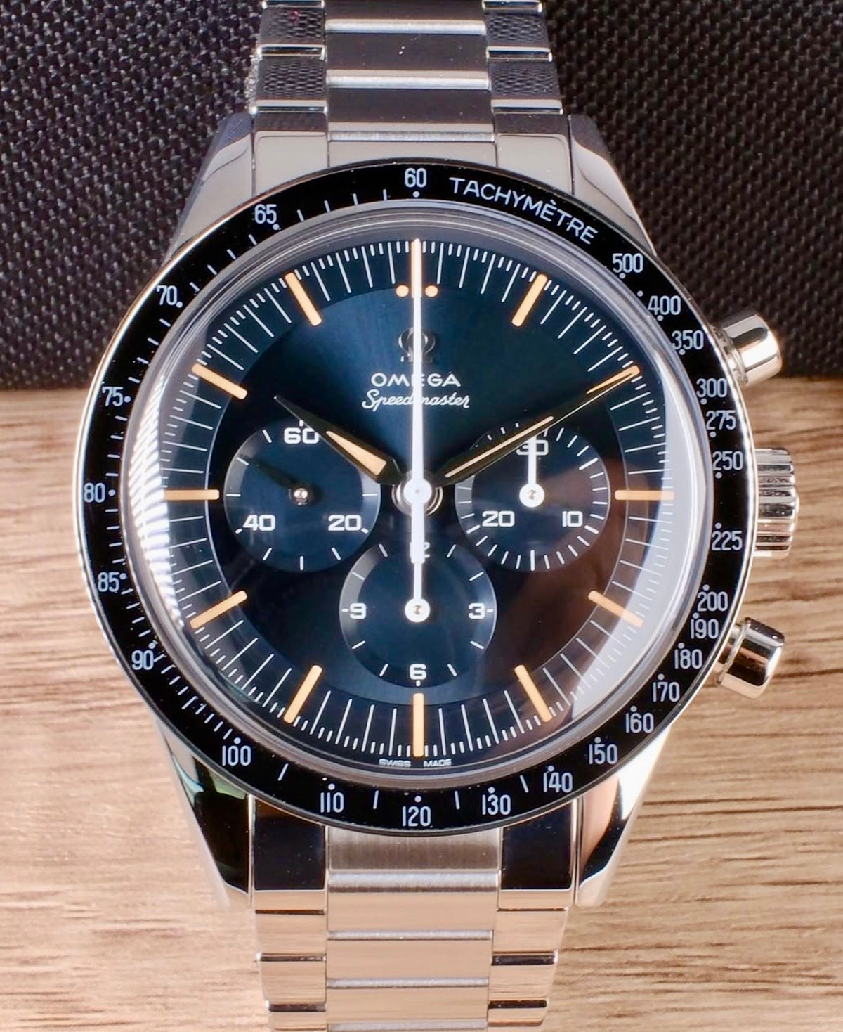 Omega Speedmaster First Omega in Space 310.30.40.50.06.001 front view on steel bracelet