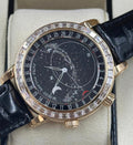 Patek Philippe Celestial 6104R-001 in rose gold with celestial dial, diamond bezel and black alligator strap, straight-on celestial dial close-up