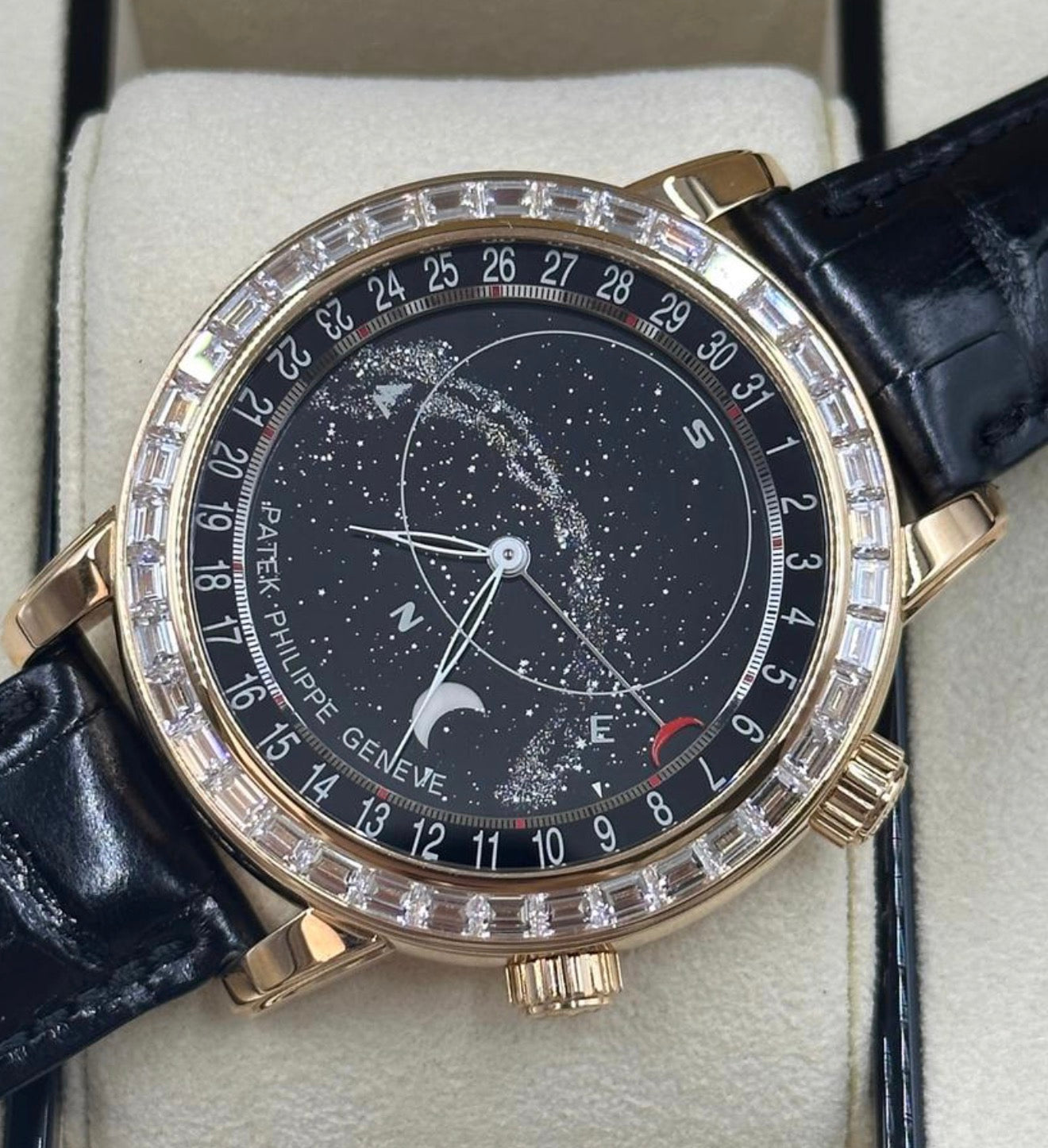 Patek Philippe Celestial 6104R-001 in rose gold with celestial dial, diamond bezel and black alligator strap, straight-on celestial dial close-up