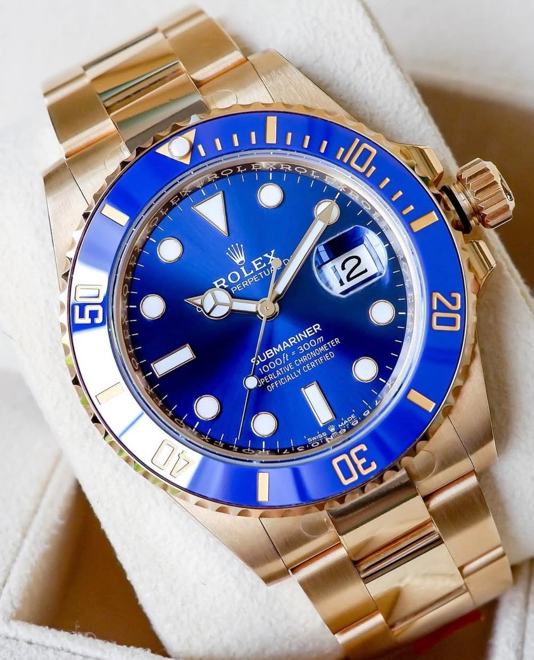 Rolex Submariner Date reference 126618LB blue dial and blue Cerachrom bezel in yellow gold, close angled front view