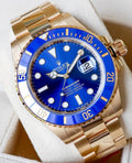 Rolex Submariner Date reference 126618LB blue dial and blue Cerachrom bezel in yellow gold, close angled front view