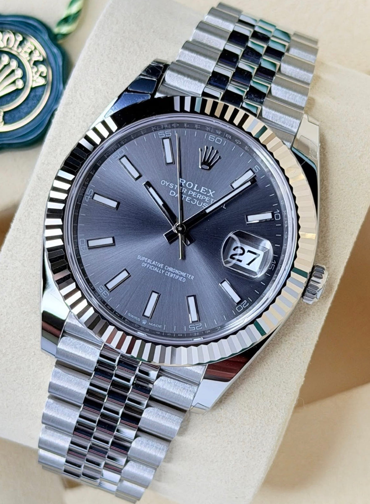 Rolex Datejust 41 Slate Dial Jubilee 126334, angled front view with slate dial and Jubilee bracelet