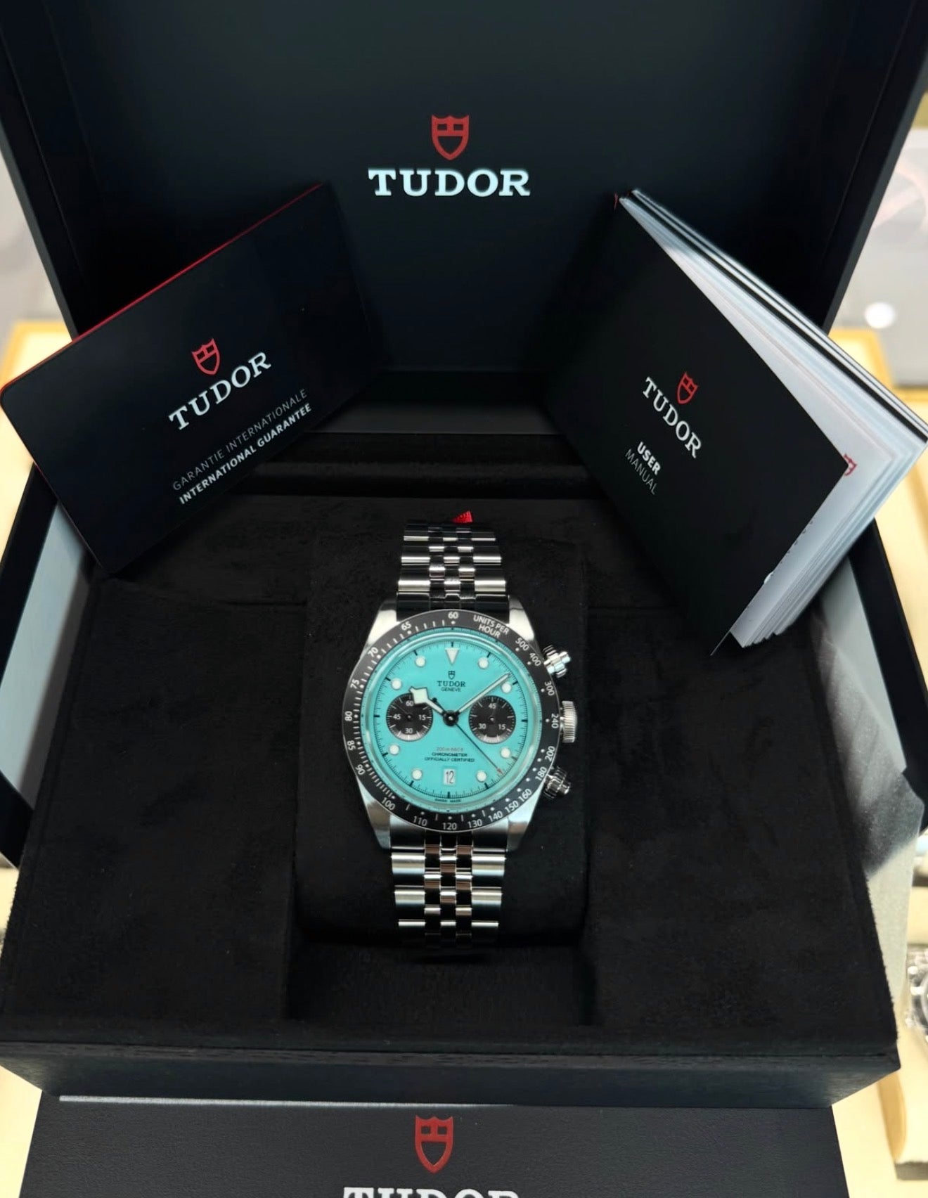 Tudor Black Bay Chrono Flamingo Blue M79360N-0024 full set in open Tudor presentation box
