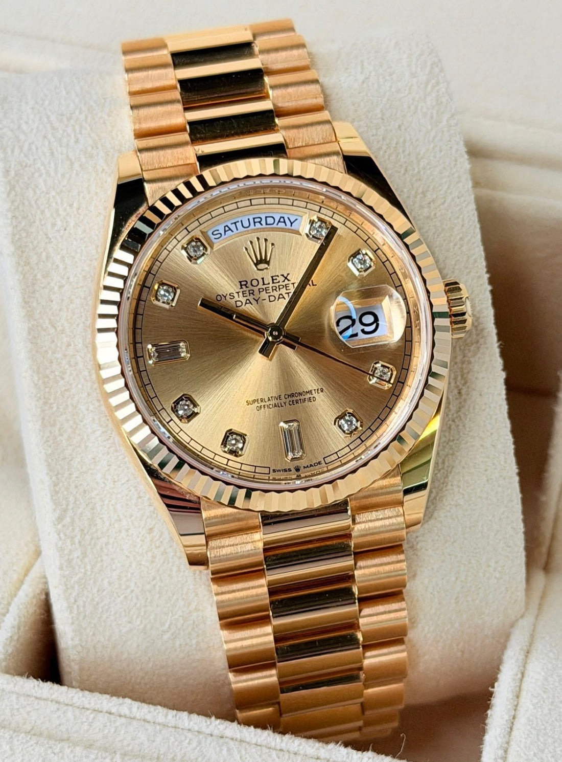 Rolex Day-Date 36 128238, champagne diamond dial, yellow gold President bracelet, left three-quarter front view