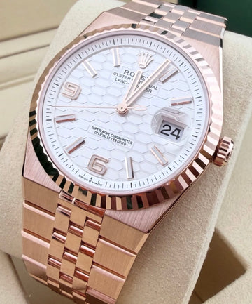 Rolex Land-Dweller 40 Everose Gold Intense White Honeycomb Motif Dial Fluted Bezel Flat Jubilee Bracelet 127335 - 2025
