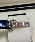 Patek Philippe Annual Calendar 5396G-017 in white gold with blue dial and blue alligator strap, rear view of the blue strap and deployant clasp