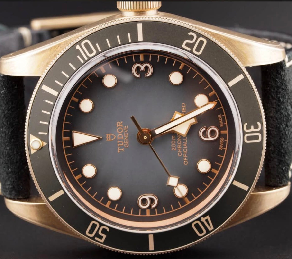 Tudor Black Bay Bronze M79250BA-0001, slate-gray dial and bezel with black nubuck strap, straight-on front view