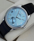 Rolex 52506 platinum with ice-blue dial, angled front view