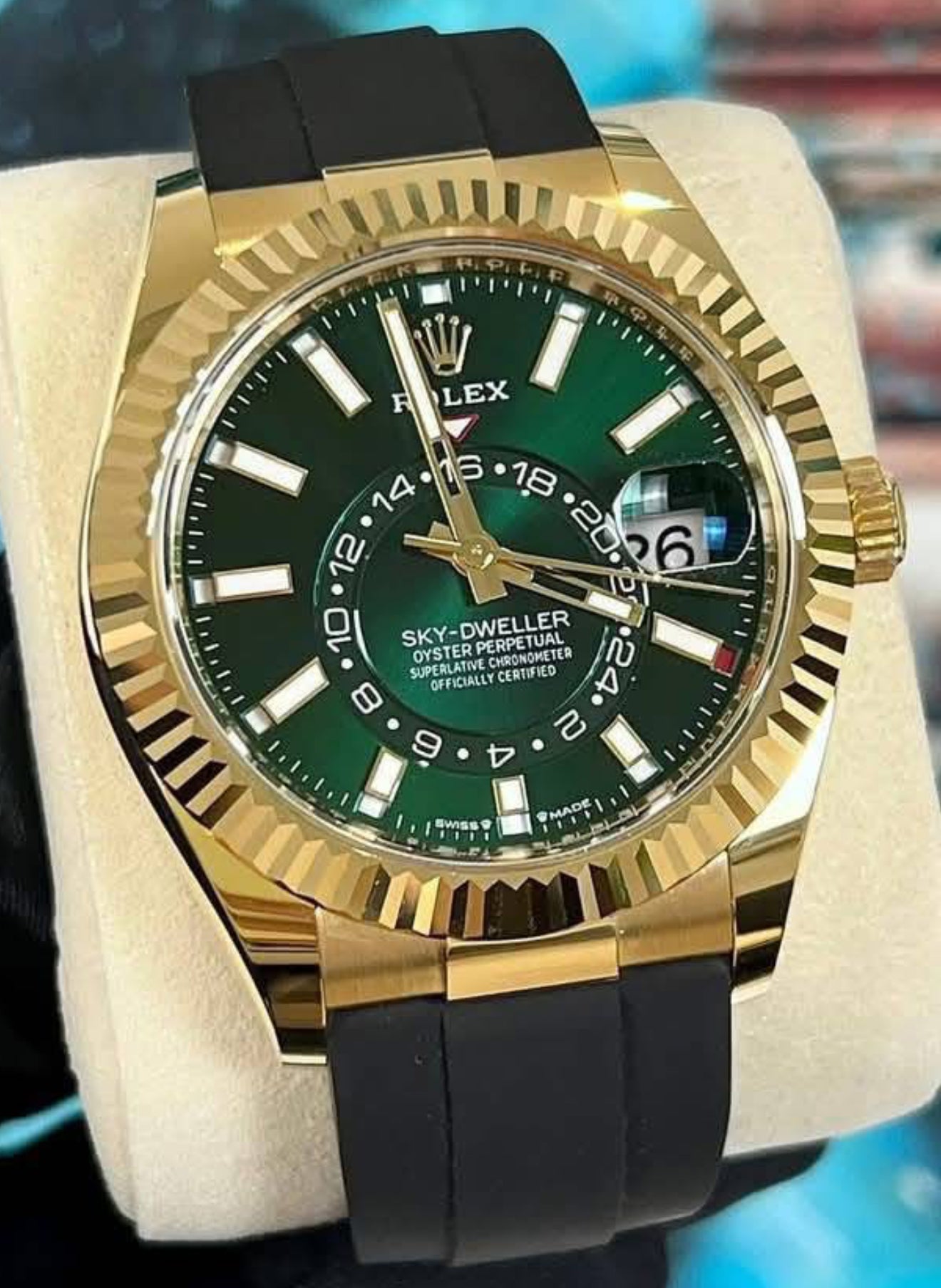 Rolex Sky-Dweller Yellow Gold 42mm Bright Green Dial Fluted Bezel Oysterflex Bracelet - 336238 - 2025