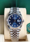 Rolex Datejust 36 126234 front view with blue diamond dial, fluted bezel and Jubilee bracelet