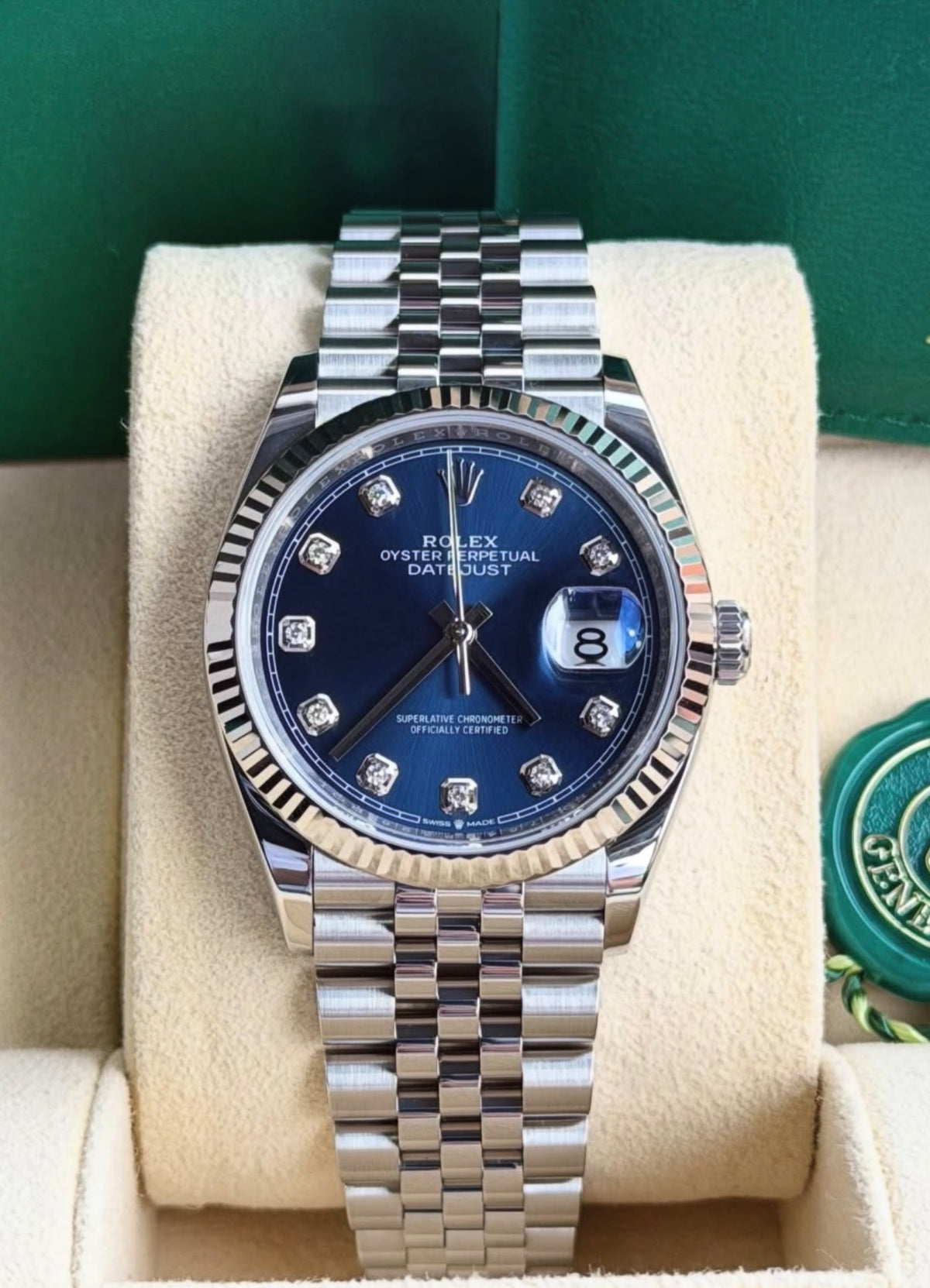 Rolex Datejust 36 126234 front view with blue diamond dial, fluted bezel and Jubilee bracelet
