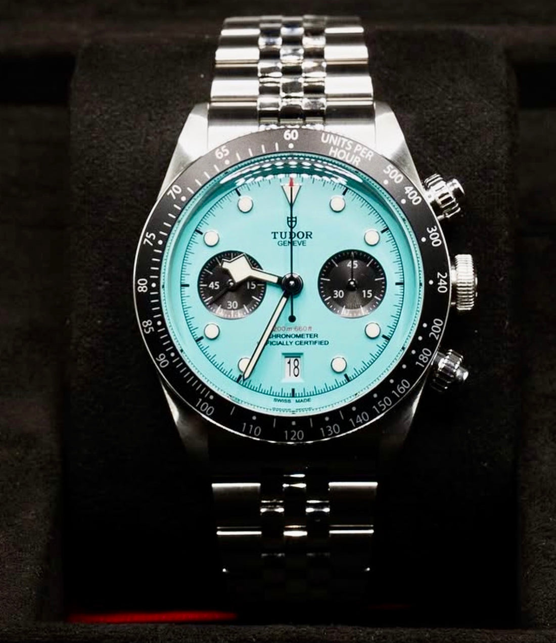 Tudor Black Bay Chrono Flamingo Blue M79360N-0024 front view on five-link steel bracelet