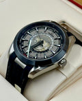 Omega Aqua Terra Worldtimer titanium case and black rubber strap from the crown-side angle