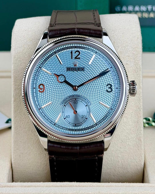 Rolex ref. 52506 in platinum with ice-blue dial on black alligator strap, straight-on front view