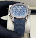 Patek Philippe Aquanaut 5164G-001 blue dial and strap, three-quarter front view
