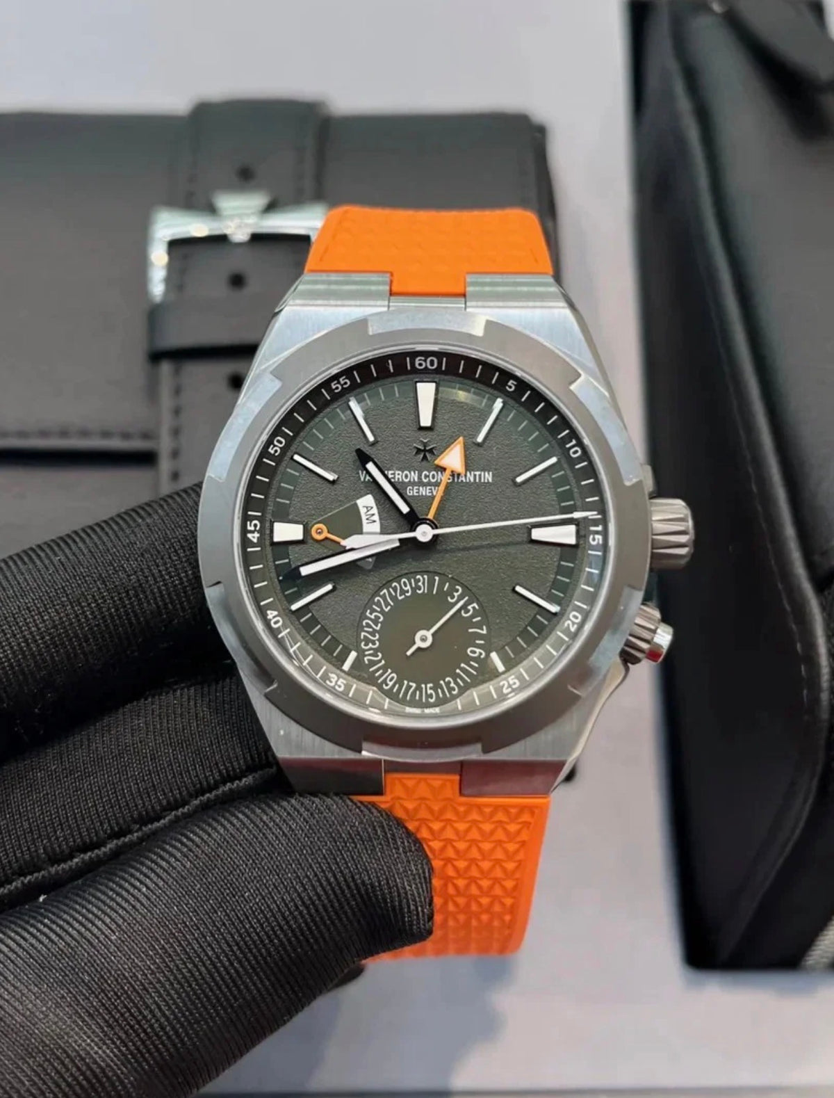 Vacheron Constantin Overseas Dual Time Cardinal Points West 7930V/210T-H075, front view on orange strap