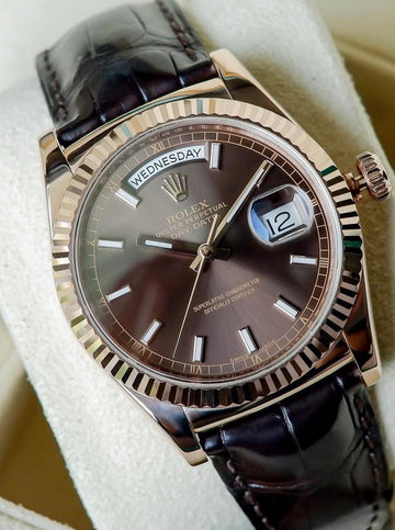 Rolex Day-Date 36mm Chocolate Index, 118135 Alligator MINT CONDITION, Rare 2020 Card