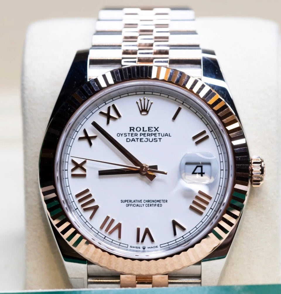 Rolex Datejust 41 White Roman Dial Jubilee 126331, straight-on front view with white Roman dial and Jubilee bracelet