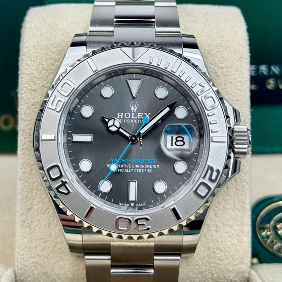 Rolex Yacht-Master 40 ref. 126622 with slate dial, platinum bezel and Oyster bracelet, alternate straight-on front view
