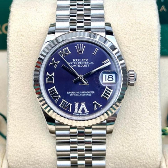Rolex Datejust 31 Aubergine Diamond VI Dial Jubilee Bracelet 278274, straight-on front view on a display cushion