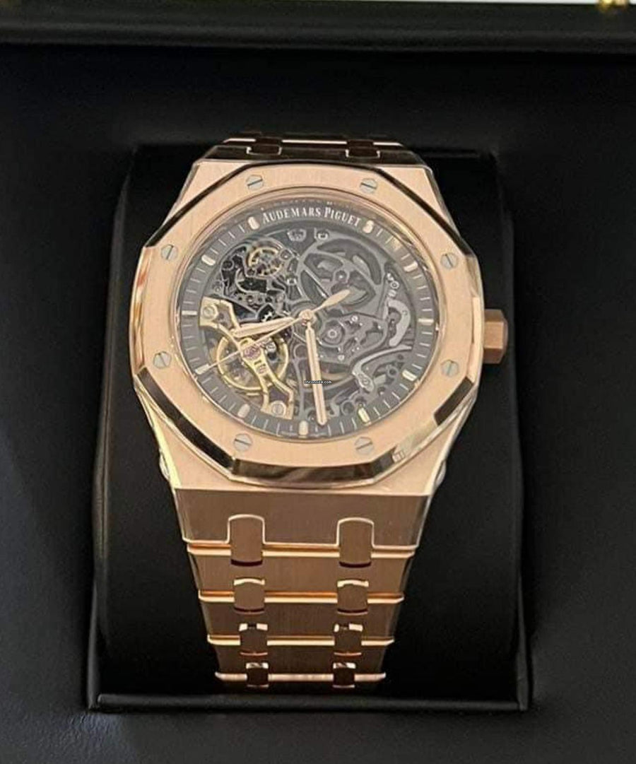 Audemars Piguet Royal Oak Double Balance Wheel Openworked in rose gold reference 15407OR.OO.1220OR.01, straight-on front view in the presentation box