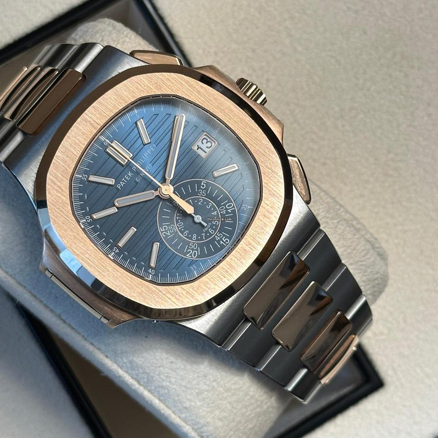 Patek Philippe Nautilus Chronograph 5980/1AR-001 with blue dial and two-tone bracelet, angled front close-up