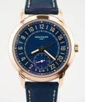 Patek Philippe 24-Hour Travel Time 5224R-001 with blue dial and strap, official straight-on front view