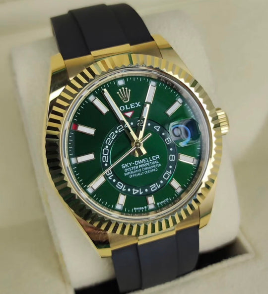 Rolex Sky-Dweller 336238 bright green dial on Oysterflex, angled dial close-up