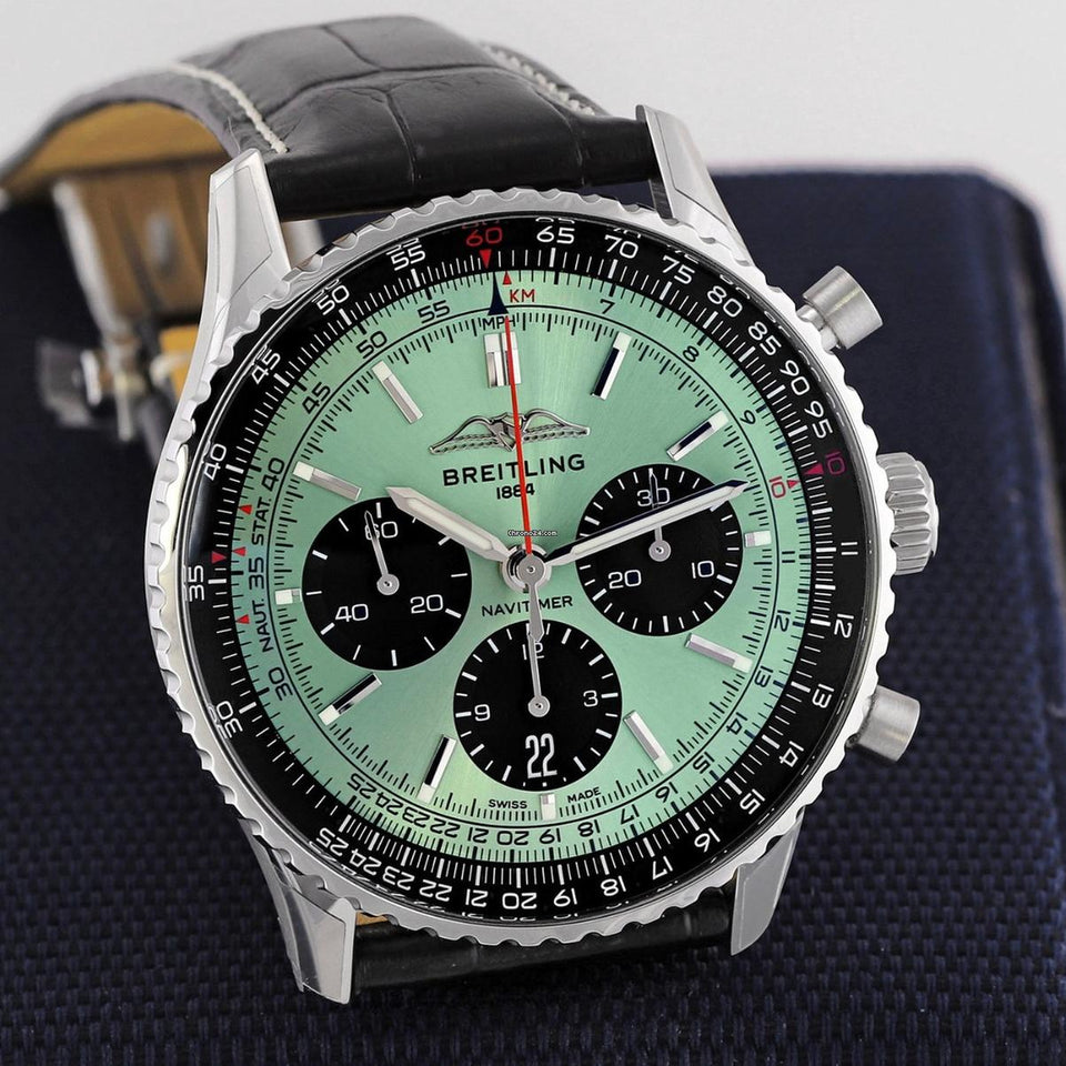 Breitling Navitimer B01 Chronograph 43 reference AB0138241L1P1 with Mint green dial, Stainless steel case, black alligator strap, alternate product view 1