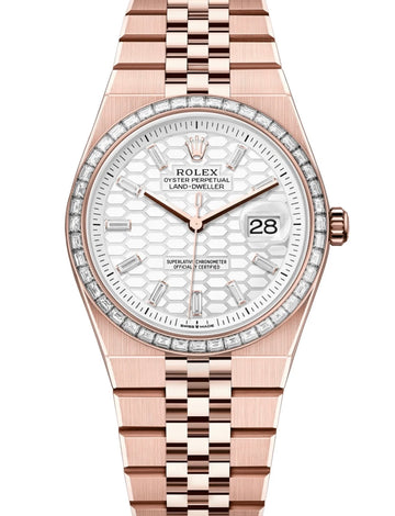 Rolex Land-Dweller 36 Everose Gold Intense White Honeycomb Motif Baguette Diamonds Set Dial Diamond Set Bezel Flat Jubilee Bracelet 127285TBR - 2026