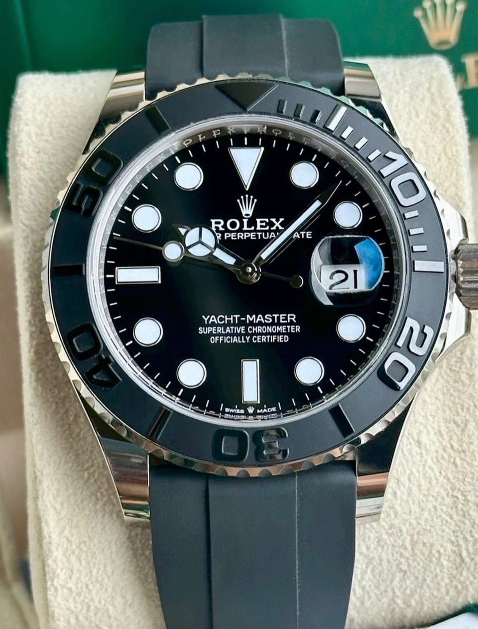 Rolex Yacht-Master 42 ref. 226659 in white gold with black dial on Oysterflex, close straight-on front view