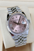 Rolex Datejust 36 126234 White Rolesor, pink Roman dial, diamond accents on Jubilee bracelet, raised front view on a display cushion