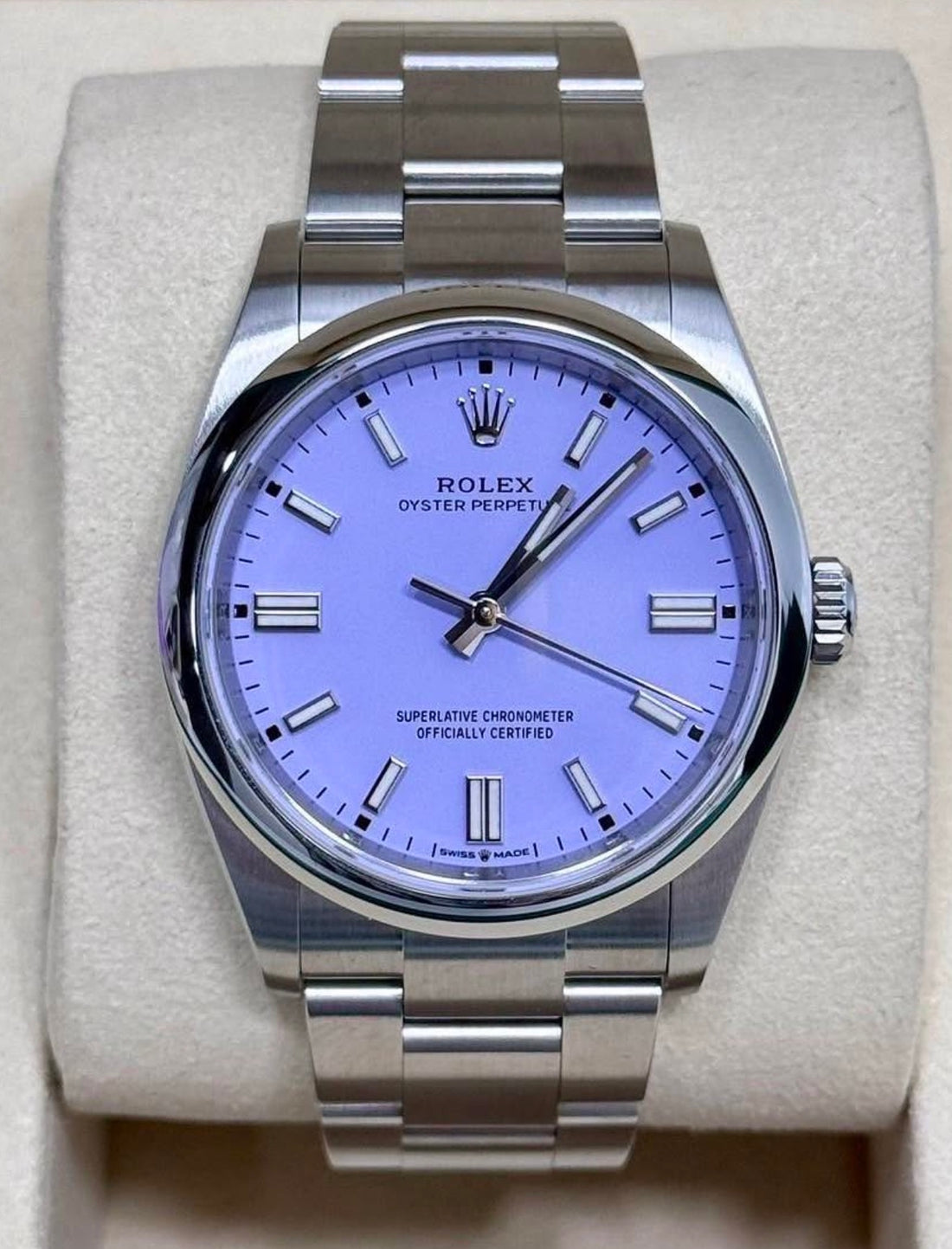Rolex Oyster Perpetual 36 reference 126000 with lavender dial on Oystersteel Oyster bracelet, straight-on front view