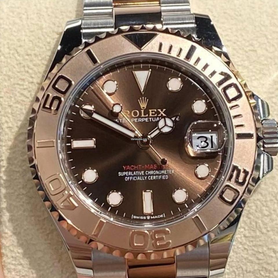Rolex Yacht-Master 37 ref. 268621 in Everose Rolesor with chocolate dial and Oyster bracelet, close straight-on front view