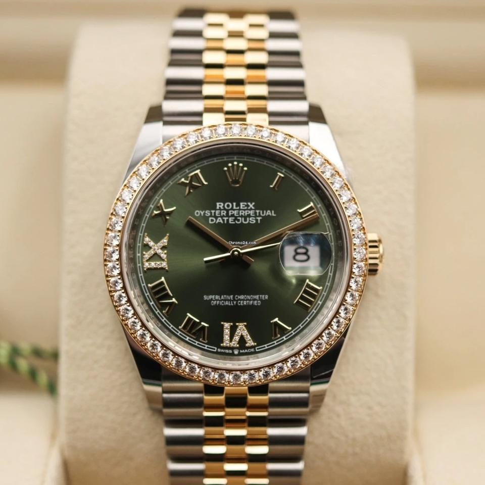 Rolex Datejust 36 Factory Diamond BEZEL 126283RBR, straight-on front view with the full Jubilee bracelet