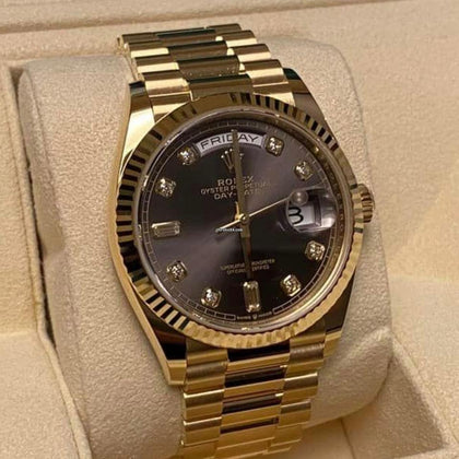 Rolex Day-Date 36 reference 128238 grey diamond dial on yellow gold President bracelet, angled front view