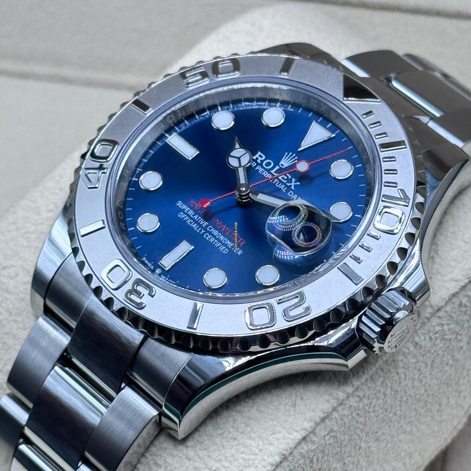 Rolex Yacht-Master 40 ref. 126622 with blue dial, platinum bezel and Oyster bracelet, close left-angled front view