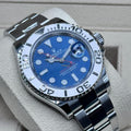 Rolex Yacht-Master 40 ref. 126622 with blue dial, platinum bezel and Oyster bracelet, close right-angled front view