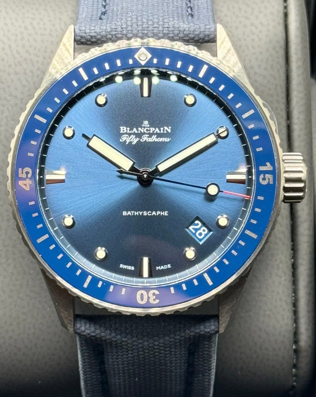 Blancpain Fifty Fathoms Bathyscaphe 5000-0240-O52A, blue dial and bezel, gray ceramic case, straight-on full watch view on cushion