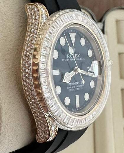 Rolex Yacht-Master 42 ref. 226668TBR with diamond-set yellow-gold case on Oysterflex, close angled front view of the diamond-set case