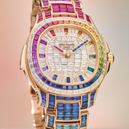 Patek Philippe Grand Complications 5260/1455R-001 with multicolor gem-set dial and bezel, straight-on front close-up