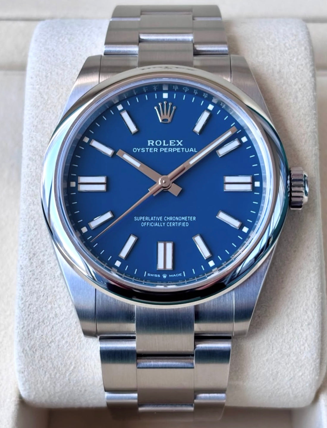 Rolex Oyster Perpetual 36 reference 126000 blue dial and domed bezel, close straight-on front view