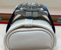 Omega Aqua Terra calibre 8900 transparent case back and blue rubber strap, rear view