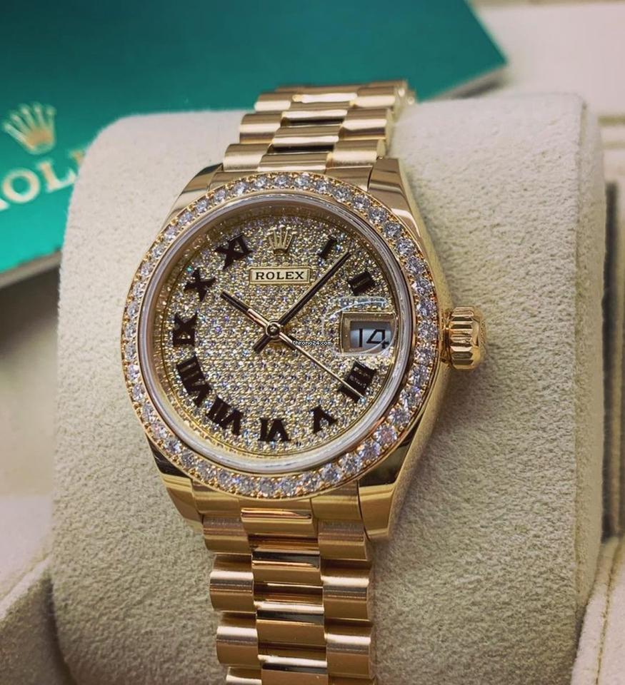 Rolex Lady-Datejust Pavé Dial ONYX NUMERALS Factory Dial AND BEZEL 279138RBR, straight-on front view with pavé dial and onyx Roman numerals