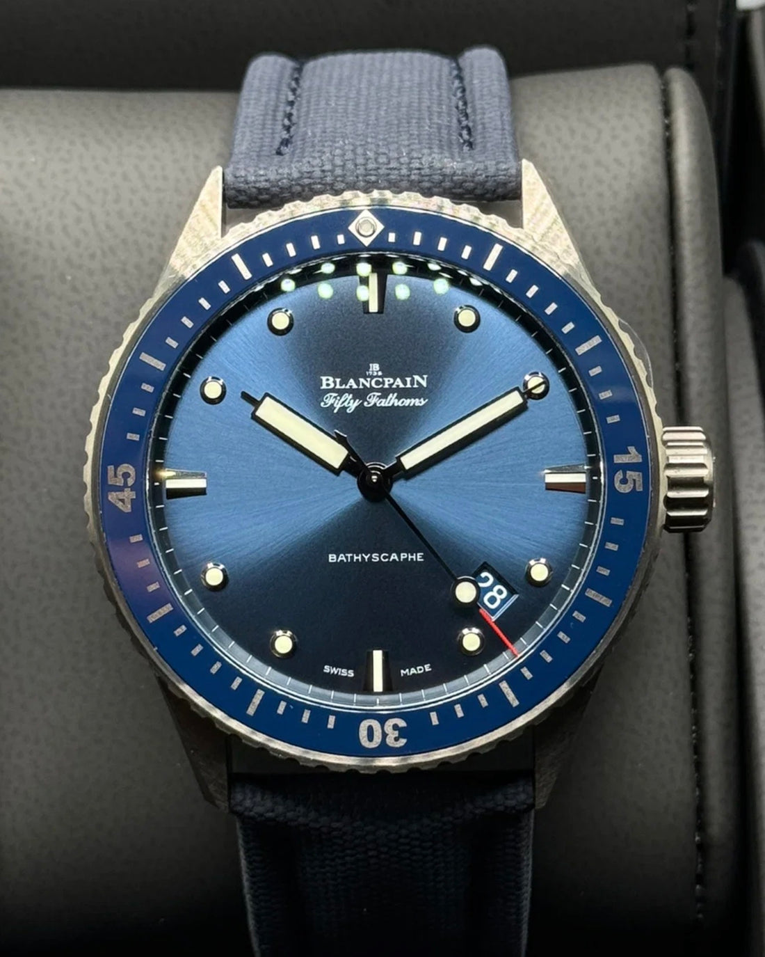 Blancpain Fifty Fathoms Bathyscaphe 5000-0240-O52A, blue dial and bezel, gray ceramic case, angled full watch view on cushion